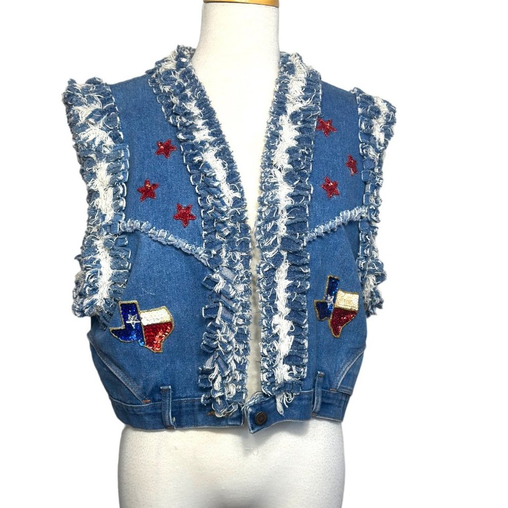 Upcycled Wrangler Denim Vintage Vest Made with Texas Flag Stars & Musical Notes